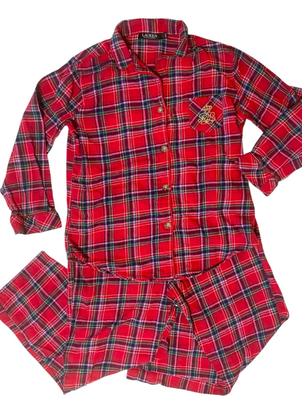 Lauren Ralph Lauren Women’s Red 2-PC Plaid Flannel Pajama Set Size L Crest